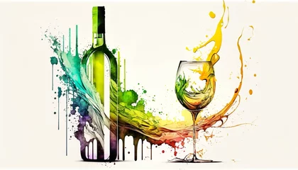 Fotobehang A white wine bottle and a glass of white wine with motion, abstract watercolor illustration. Generative AI © cartoon-IT