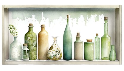 green bottles in different sizes in a shelf, with copy space for advertising and logo, watercolor illustration. Generative AI - obrazy, fototapety, plakaty