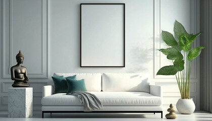 Modern interior design mockup poster blank white frame. Generative Ai.