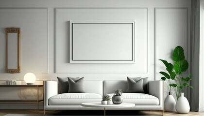 Modern interior design mockup poster blank white frame. Generative Ai.