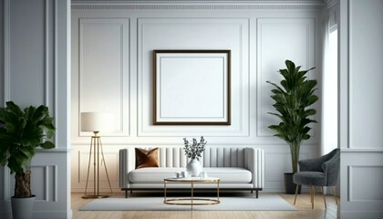 Fototapeta na wymiar Modern interior design mockup poster blank white frame. Generative Ai.