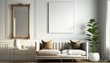 Modern interior design mockup poster blank white frame. Generative Ai.