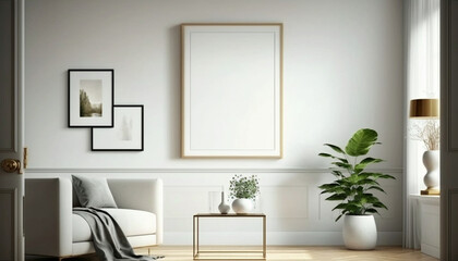Fototapeta na wymiar Modern interior design mockup poster blank white frame. Generative Ai.
