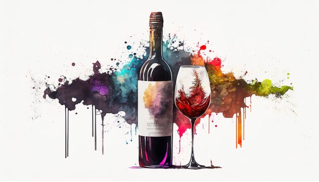 A red wine bottle and a filled glass of red wine with motion, abstract watercolor illustration. Generative AI