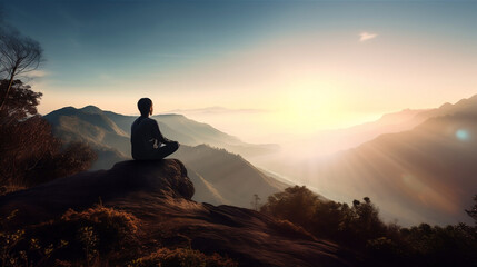 Person meditation on a mountain with panorama view into a valley, 