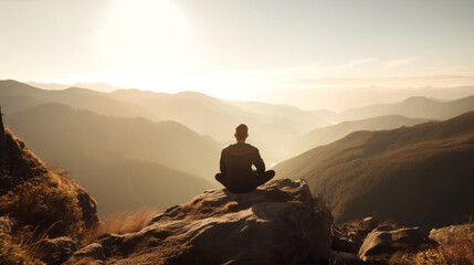 Person meditation on a mountain with panorama view into a valley, 