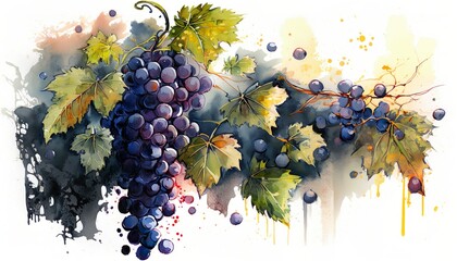 vine with blue grapes and green leafs, abstract art, watercolor illustration. Generative AI