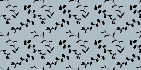 Minimalistic vector seamless pattern with black branches and leaves on a blue background for textiles, wrapping paper, dishes, covers, backgrounds