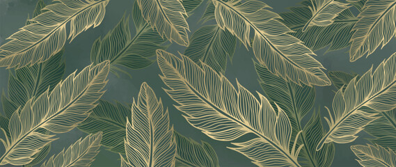 Stylish luxury vector illustration with golden feathers on a green background for decor, covers, backgrounds, presentations and wallpapers © Лилия Агапова