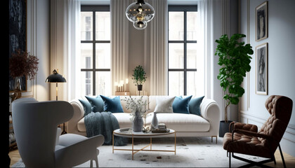 Modern interior design of cozy apartment living room. Generative Ai.