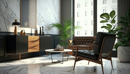 Modern interior of living room with wooden sideboard. Generative Ai.