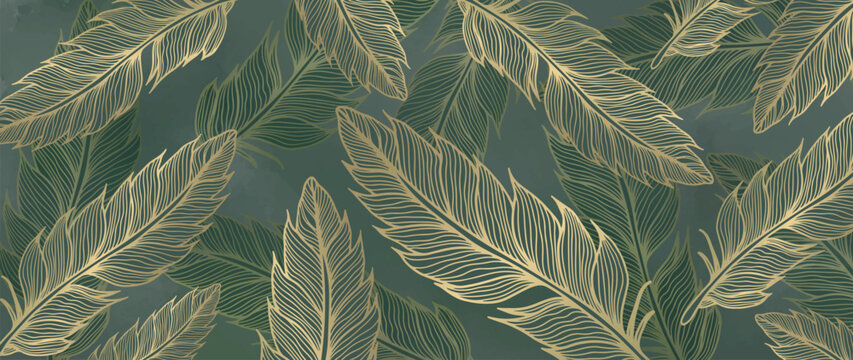 Stylish luxury vector illustration with golden feathers on a green background for decor, covers, backgrounds, presentations and wallpapers