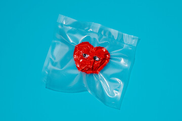 plush heart vacuum packed in a vacuum bag