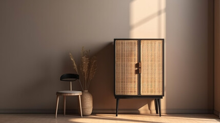 Antique vintage wooden cabinet with rattan door, black steel leg, vase in sunlight, shadow on clean, blank beige wall, parquet floor for interior design decoration, furniture product background 3D