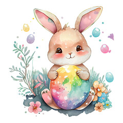 Watercolor cute bunny with egg, cartoon animal character. Isolated white, transparent background. Generative AI