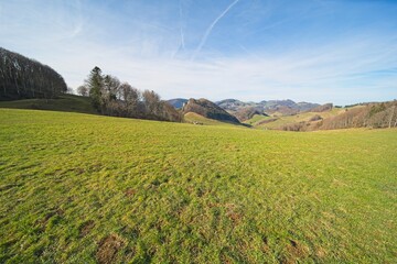 landscape in the swiss jura in the canton of basel land, on one of the most beautiful hikes in the region between the 