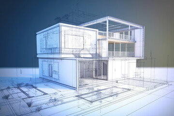 Plan et rendu d'ensemble 3D d'un bâtiment moderne et design, projet d'architecte