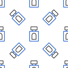 Line Aftershave icon isolated seamless pattern on white background. Cologne spray icon. Male perfume bottle. Colorful outline concept. Vector