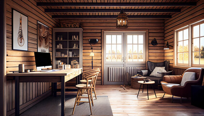modern working room in wooden house generative ai art