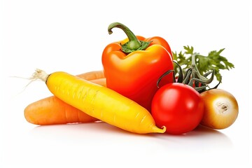 Fototapeta na wymiar Pepper tomatoes carrot Vegetables are isolated on white background. Vegetables close-up shot. 