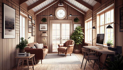 Fototapeta na wymiar modern working room in wooden house generative ai art