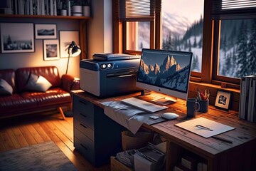 office with a desk and computer. Generative Ai.