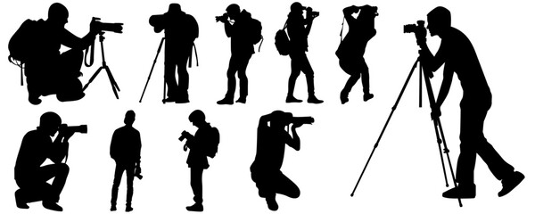 photographer silhouette vector collection. paparazzi, photography, vector, studio, camera, people, illustration, white, 