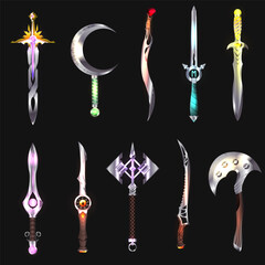 Collection of decoration weapon for games. UI magic old defense armor badge. Set of medieval cartoon swords.