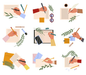 Hand making note. Cartoon hands holding pens and pencils flat vector symbols illustrations set. Person writing or painting. Diary plan. Paper document.