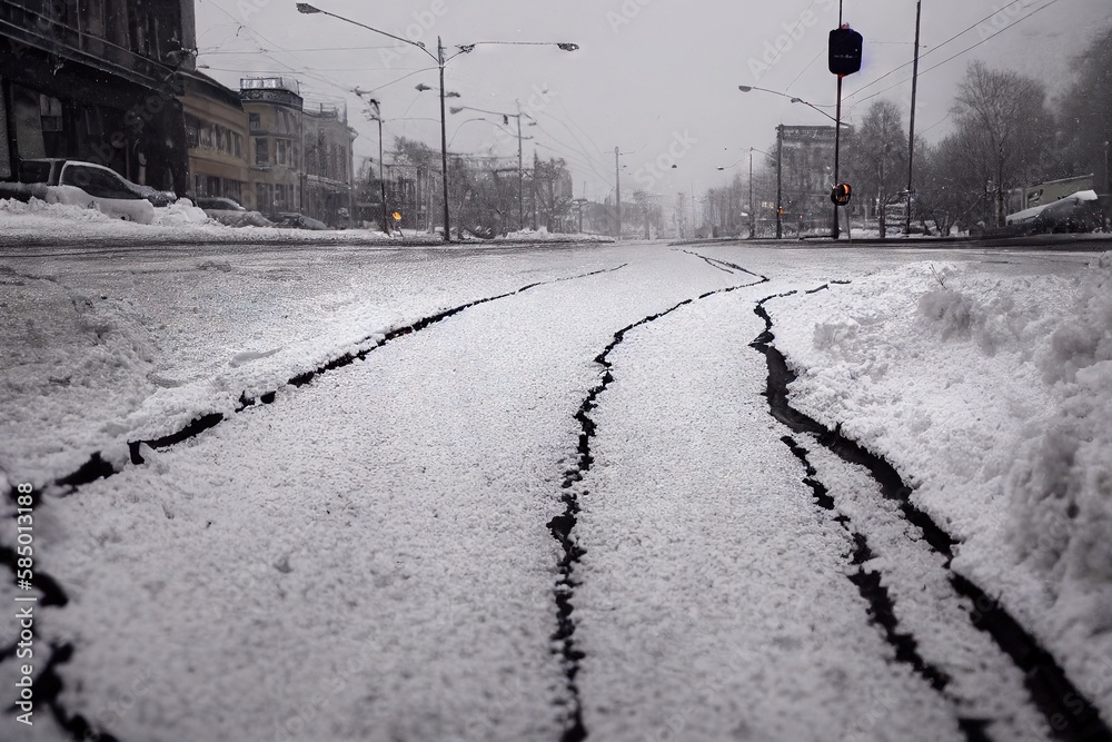 Wall mural Winter road with snow low angle view in city, created with generative ai