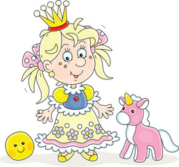 Happy little princess in a beautiful royal dress and a gold crown playing with a pink toy unicorn and a funny yellow soft loaf, vector cartoon illustration isolated on a white background