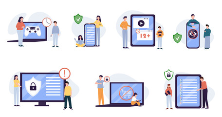 Parental control. Parental control software, parental advisory music, kids digital content metaphors. Vector isolated concept metaphor illustrations