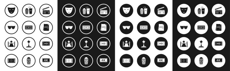 Set Movie clapper, VHS video cassette tape, Comedy and tragedy theatrical masks, Scenario, Popcorn soda drink glass, 4k movie, frame and Carpet with barriers star icon. Vector