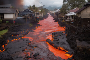 Volcanic lava flow through big town, generated AI, generated, AI