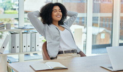 Happy business woman stretching at desk for relax, career success and work life balance in her...