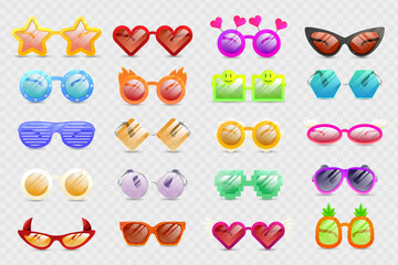 Glasses colorful vector set illustration. Carnival Glasses Realistic Set. Glasses summer symbol. Glasses set for traveling design.