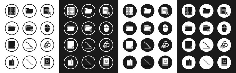 Set Delete file document, folder, Document, Office folders with papers and documents, Computer mouse, Paper clip and File icon. Vector