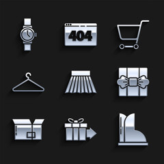 Set Skirt, Gift box, Waterproof rubber boot, Carton cardboard, Hanger wardrobe, Shopping cart and Wrist watch icon. Vector