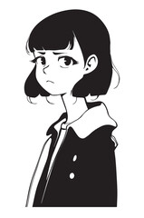 Cute school anime girl. Vector drawing of japanese cartoon character. Manga art of teen woman displaying emotions. Funny sad and angry lady. Beautiful anime. Comic eyes. Artwork illustration of head.