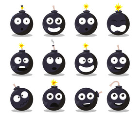 Cartoon bomb emotions set. Doodle explosive round weapon mascot with funny cartoon faces and expressions.