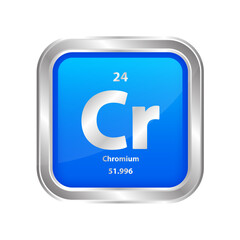 Icon structure Chromium (Cr) number 24 chemical element square blue line silver. Periodic table. Sign with atomic number. Study in science for education. 3D vector illustration.	