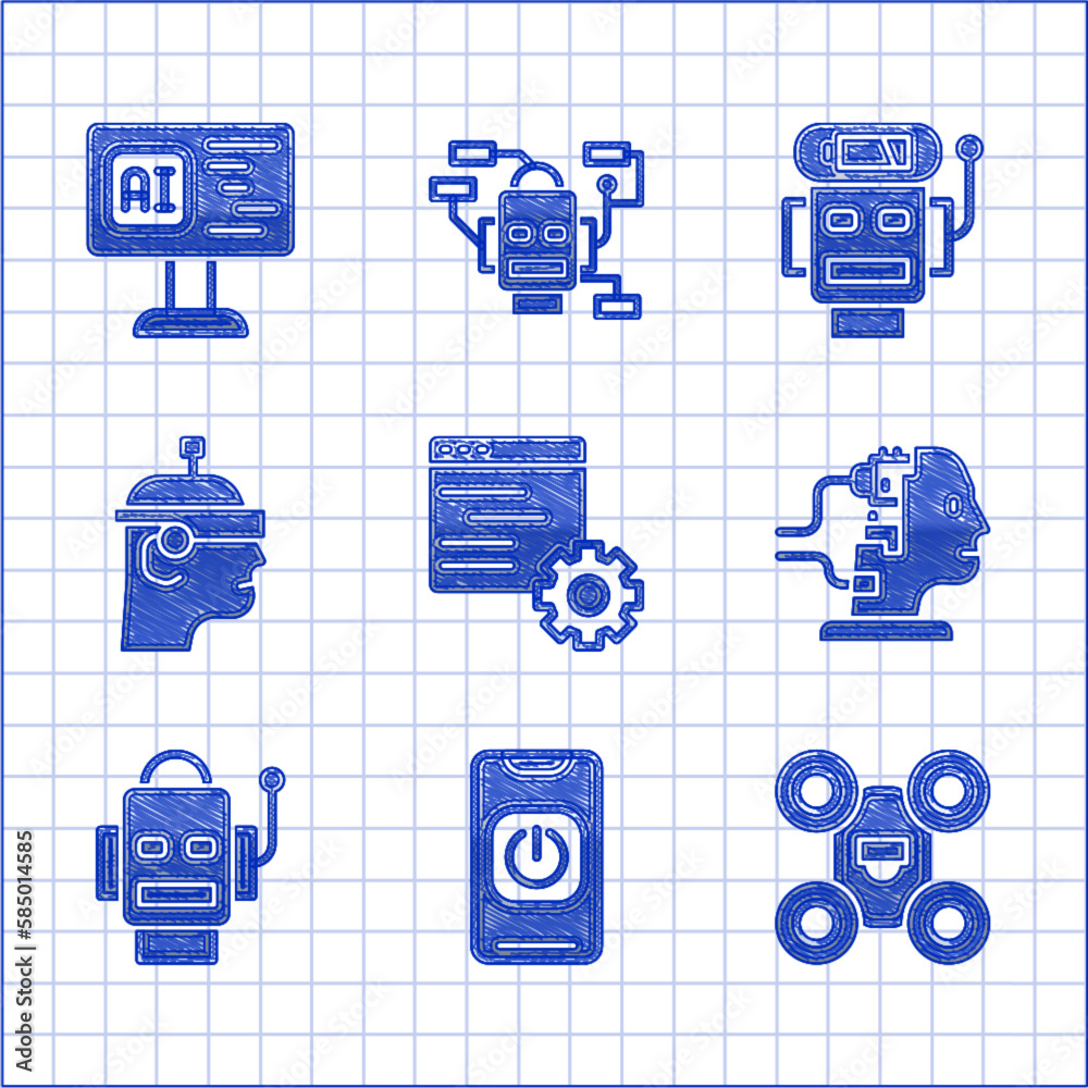 Poster set computer api interface, turn off robot from phone, drone, robot for maintenance, smart glasses, 