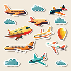 Set of Sticker Style Airplanes And Clouds Elements On Peach Background. - obrazy, fototapety, plakaty