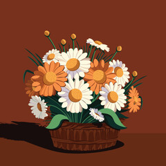 Beautiful Daisies Bouquet In Basket On Umber Background.