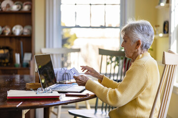 Senior Citizen alone at Home Paying bills with laptop 