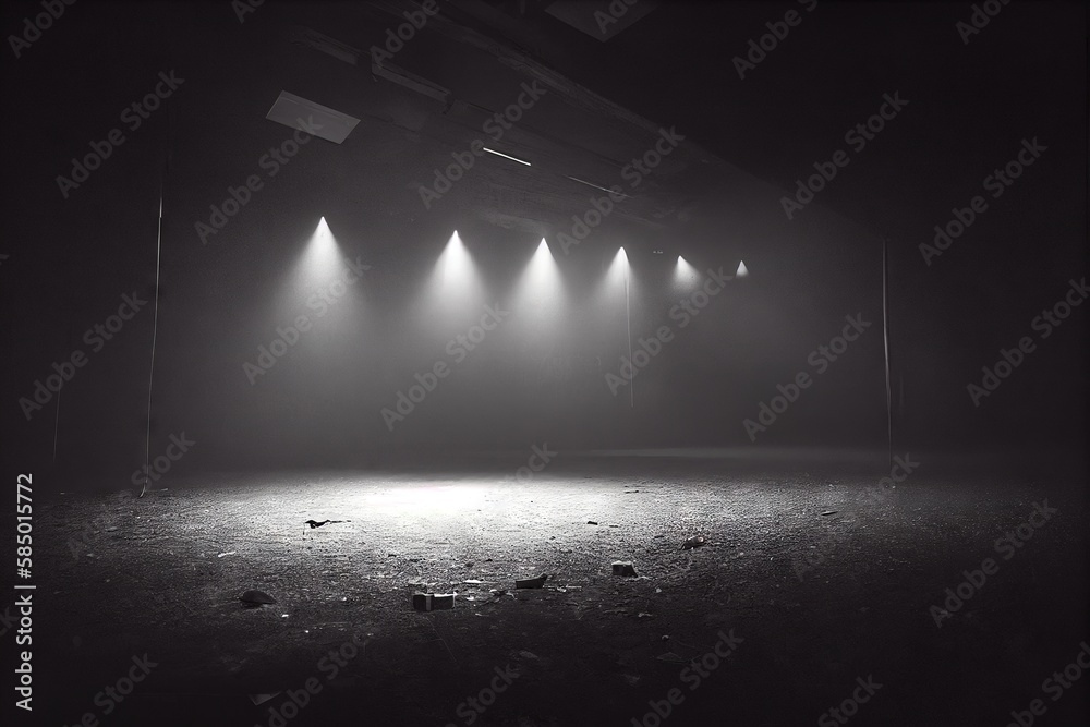 Wall mural empty dirty dark stage with lights background, created with generative ai