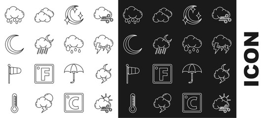 Set line Windy weather, Storm, Moon and stars, Cloud with rain moon, and icon. Vector