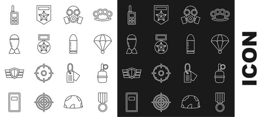 Set line Military reward medal, Hand grenade, Parachute, Gas mask, Aviation bomb, Walkie talkie and Bullet icon. Vector