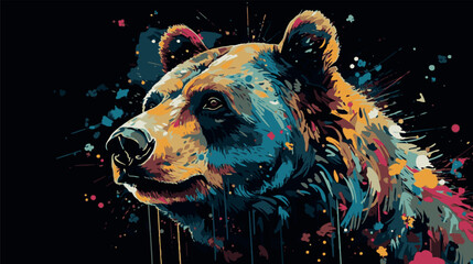 Colorful painting of bear. Vector graphic art of multicolored grizzly. Artwork poster of wildlife. Modern portrait decoration. Graffiti style  print with paint splatter. Rainbow color cartoon sketch © Fortis Design