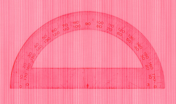 Red protractor with white pencil lines